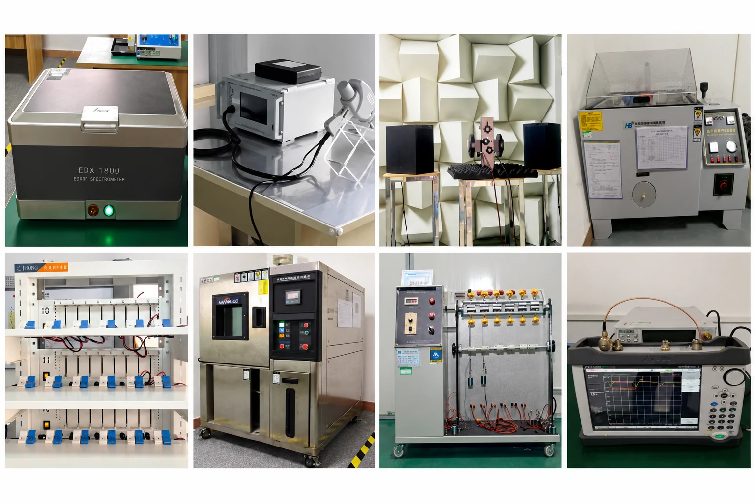 Photo-based overview of eight iSoud testing setups, including acoustic, environmental, battery and cable testing equipment